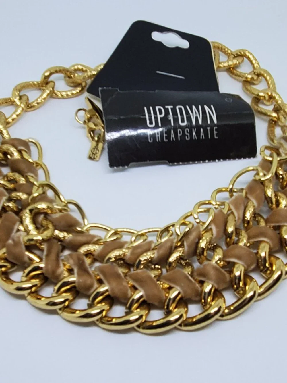 NWT Wide Gold Chain Choker Statement Collar Necklace with Velvet Ribbon Wrap